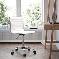 Flash Furniture Alan Low-Back Ribbed Upholstered Vinyl Swivel Desk Chair with Padded Seat, Modern Adjustable Height Padded Office Chair, White White/Chrome