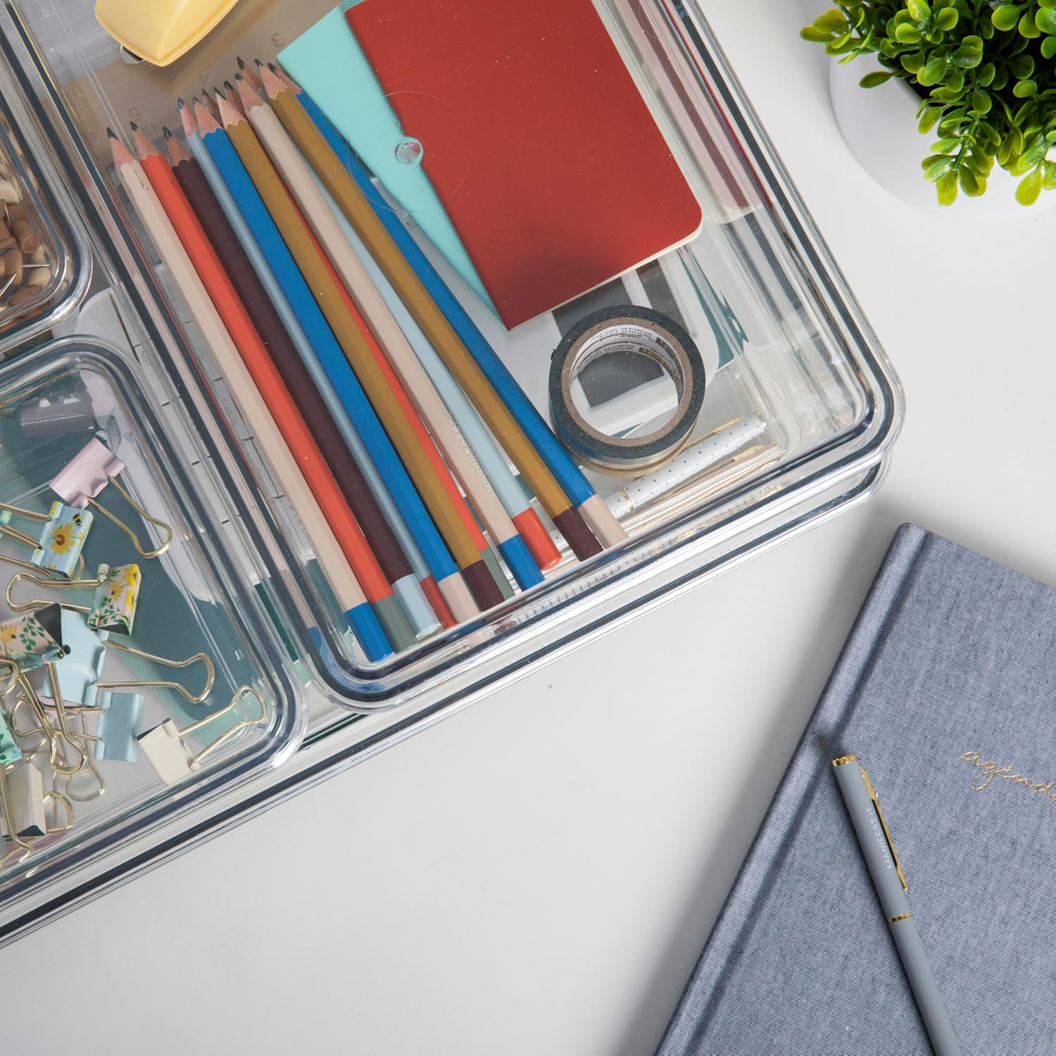 Martha Stewart Brody Plastic Storage Organizer Bins with Lids for Home Office, Kitchen, or Bathroom, 8 Pack