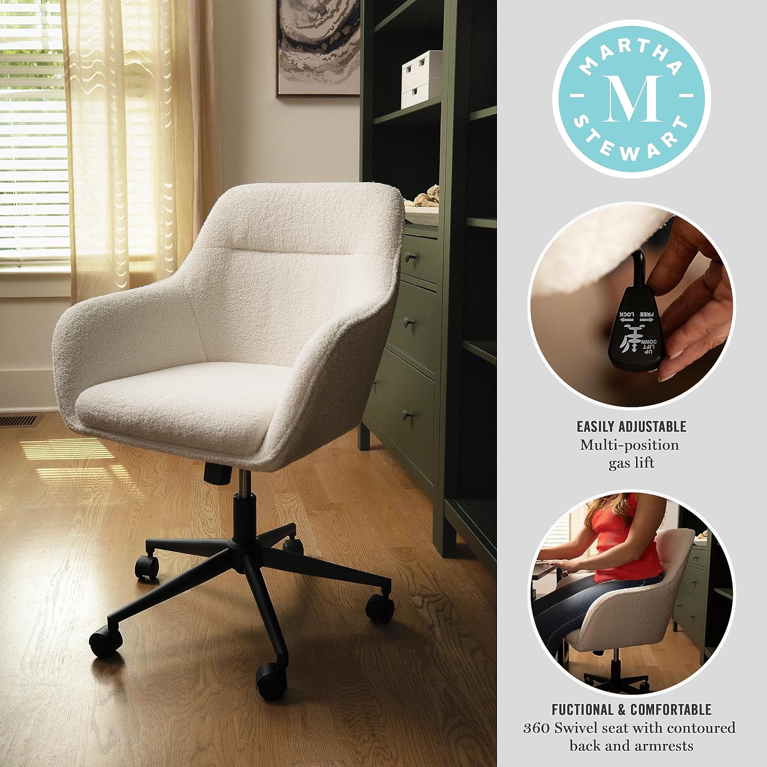 Martha Stewart Rayna Swivel Task Chair with Flared Arms for Home Office