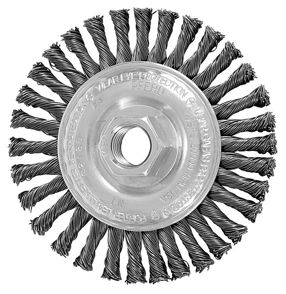 PFERD 4" Power Knot Wheel Brush with Stringer Bead Twist, Threaded Hole, Carbon Steel Bristles, 0.020" Wire Size