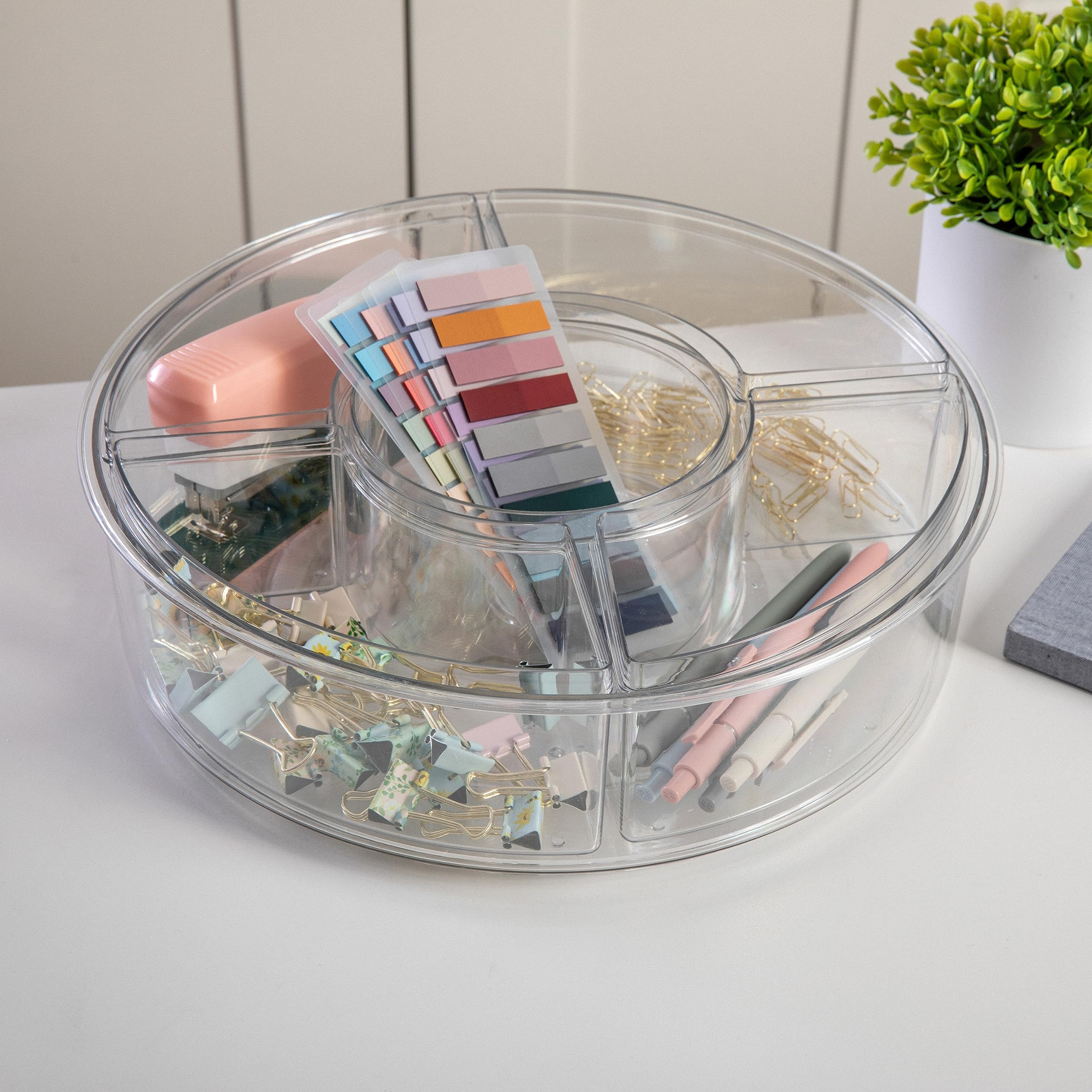 Martha Stewart Brody Divided Lazy Susan Organizer with 5 Removable Bins, Plastic 360° Rotating Desk Storage Organizer