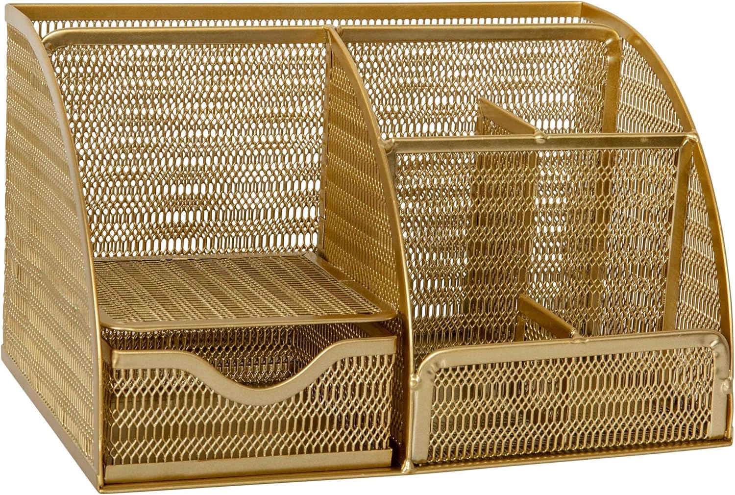 Martha Stewart Ryder Mesh Metal Small Desktop Organizer With Pen Holder And Drawer, 5inH x 8-3/4inW x 5-1/2inD, Gold