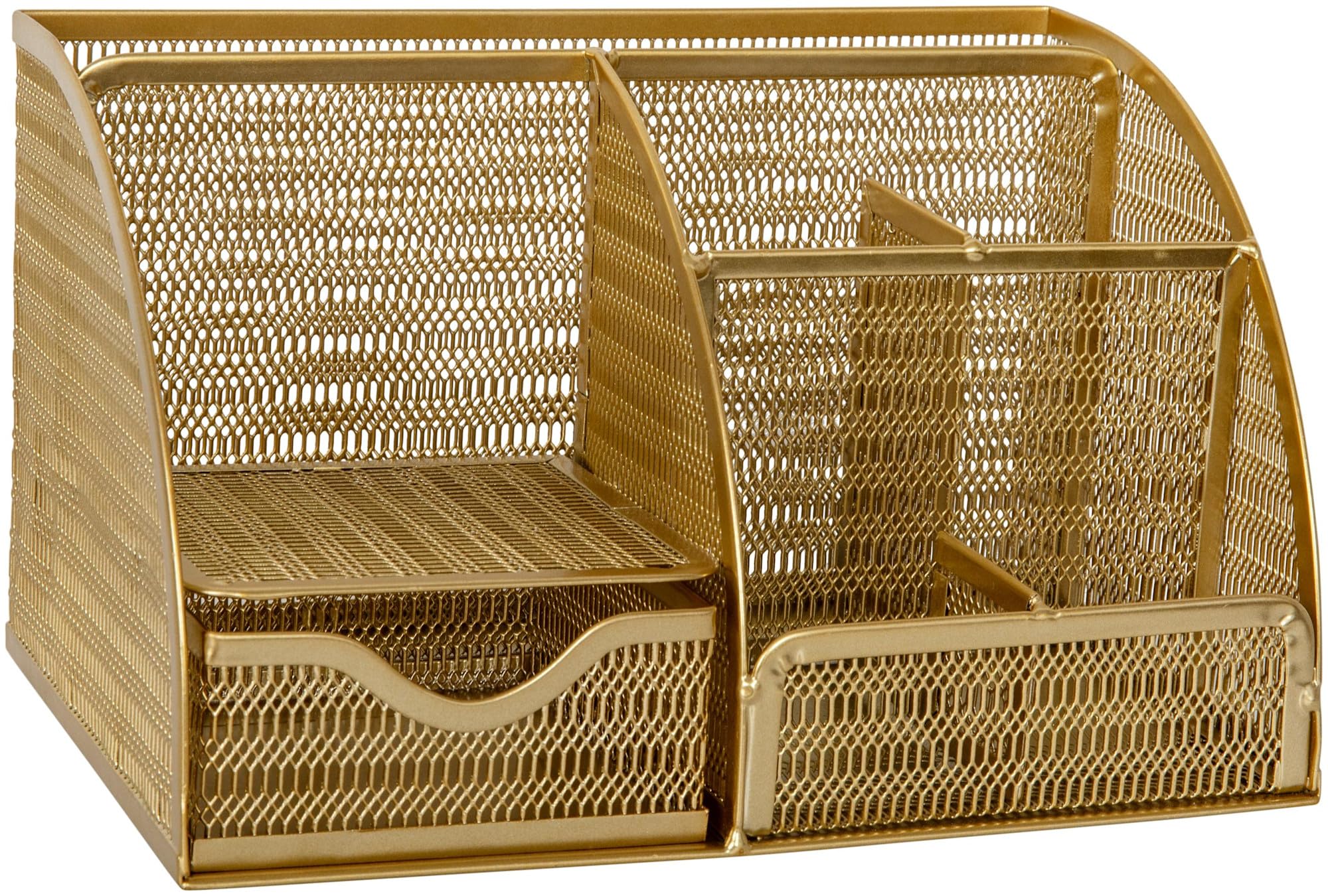 Martha Stewart Ryder Mesh Metal Small Desktop Organizer With Pen Holder And Drawer, 5inH x 8-3/4inW x 5-1/2inD, Gold
