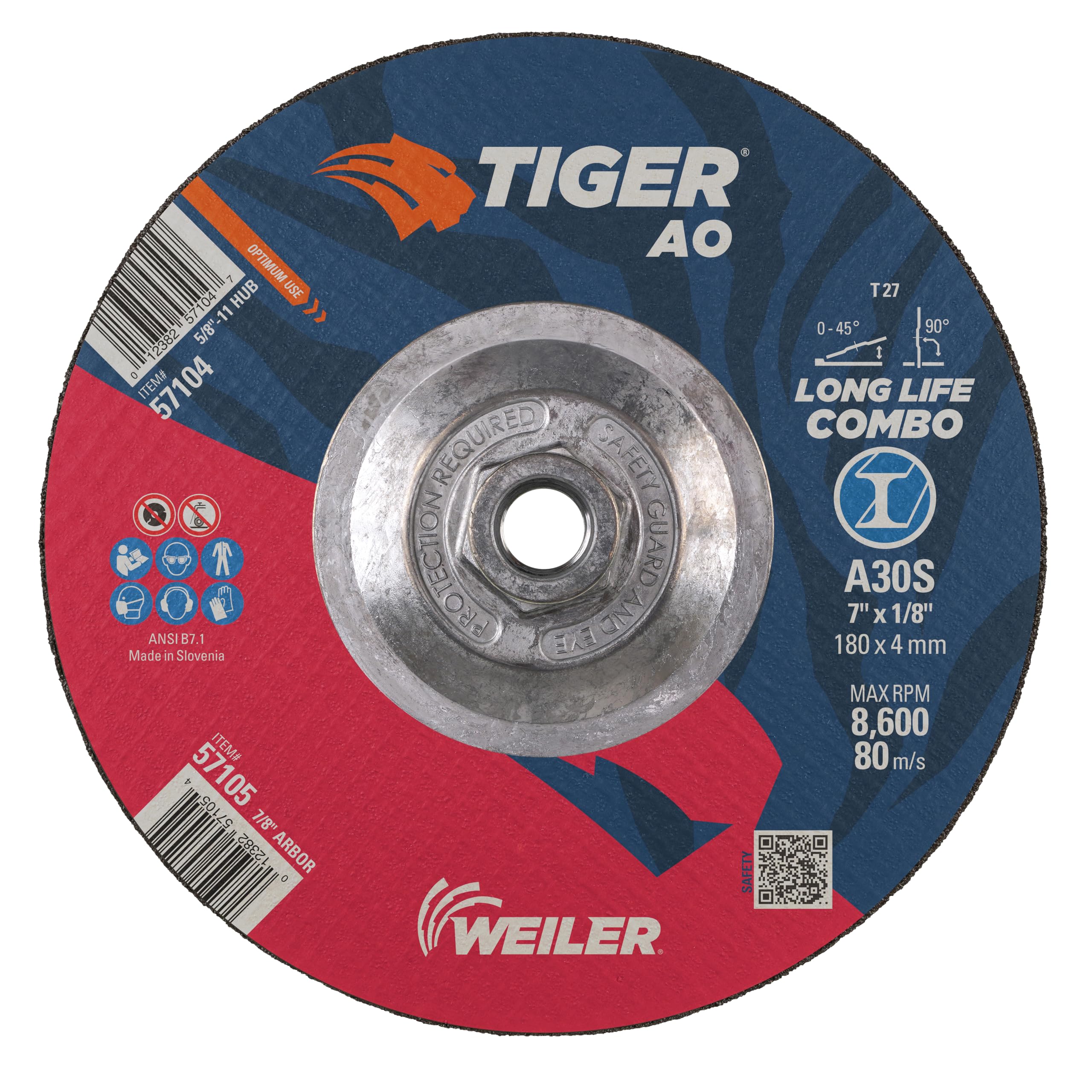 WEILER 7" x 1/8" Tiger Type 27 Cut and Grind Combo Wheel A30S