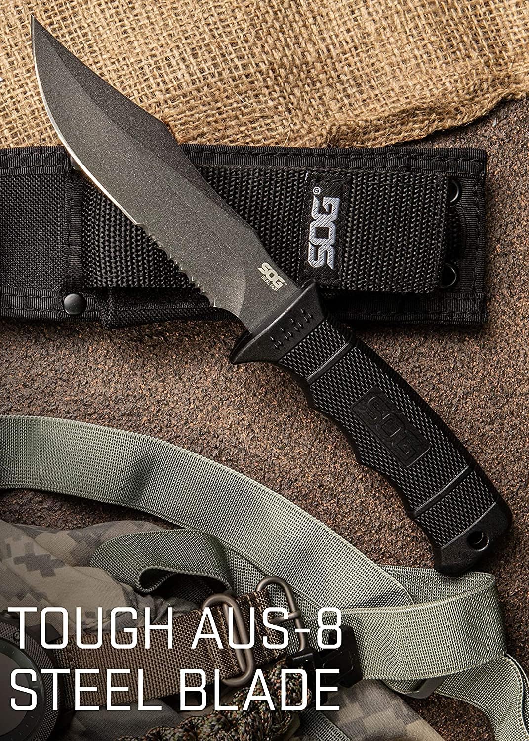 SOG Fixed Blade Knives with Sheath - SEAL Pup Tactical Knife, Survival Knife and Hunting Knife w/ 4.75 Inch Blade and Knife