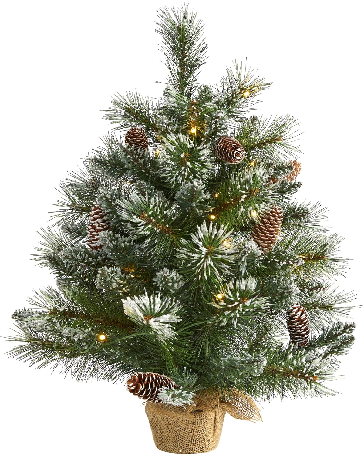 Nearly Natural 2ft. Frosted Pine Artificial Christmas Tree with 35 Clear LED Lights, Pinecones and Burlap Base