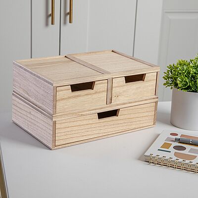 MARTHA STEWART Weston Stackable Wooden Storage Boxes with Pullout Drawers, Paulownia Wood Organizers