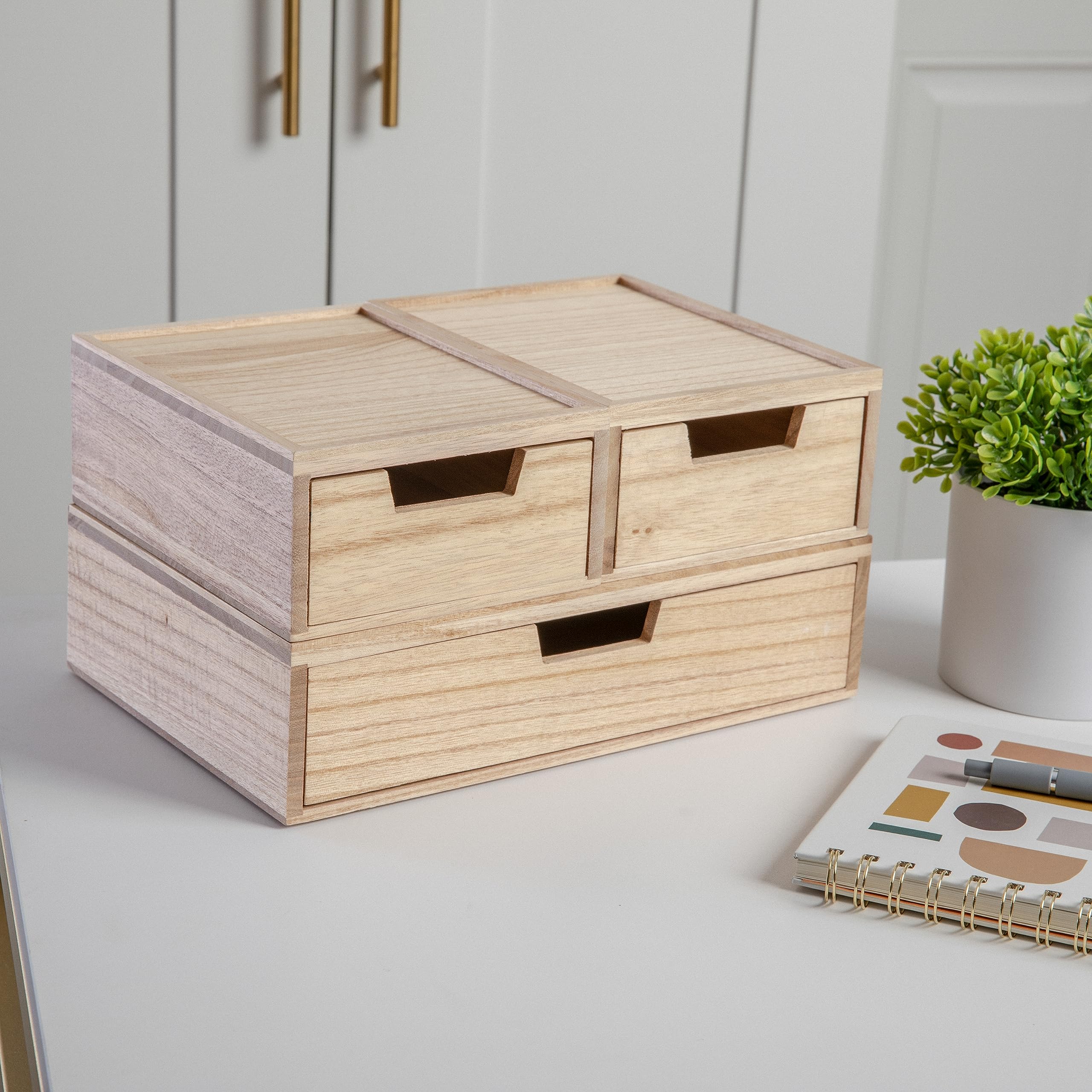 MARTHA STEWART Weston Stackable Wooden Storage Boxes with Pullout Drawers, Paulownia Wood Organizers
