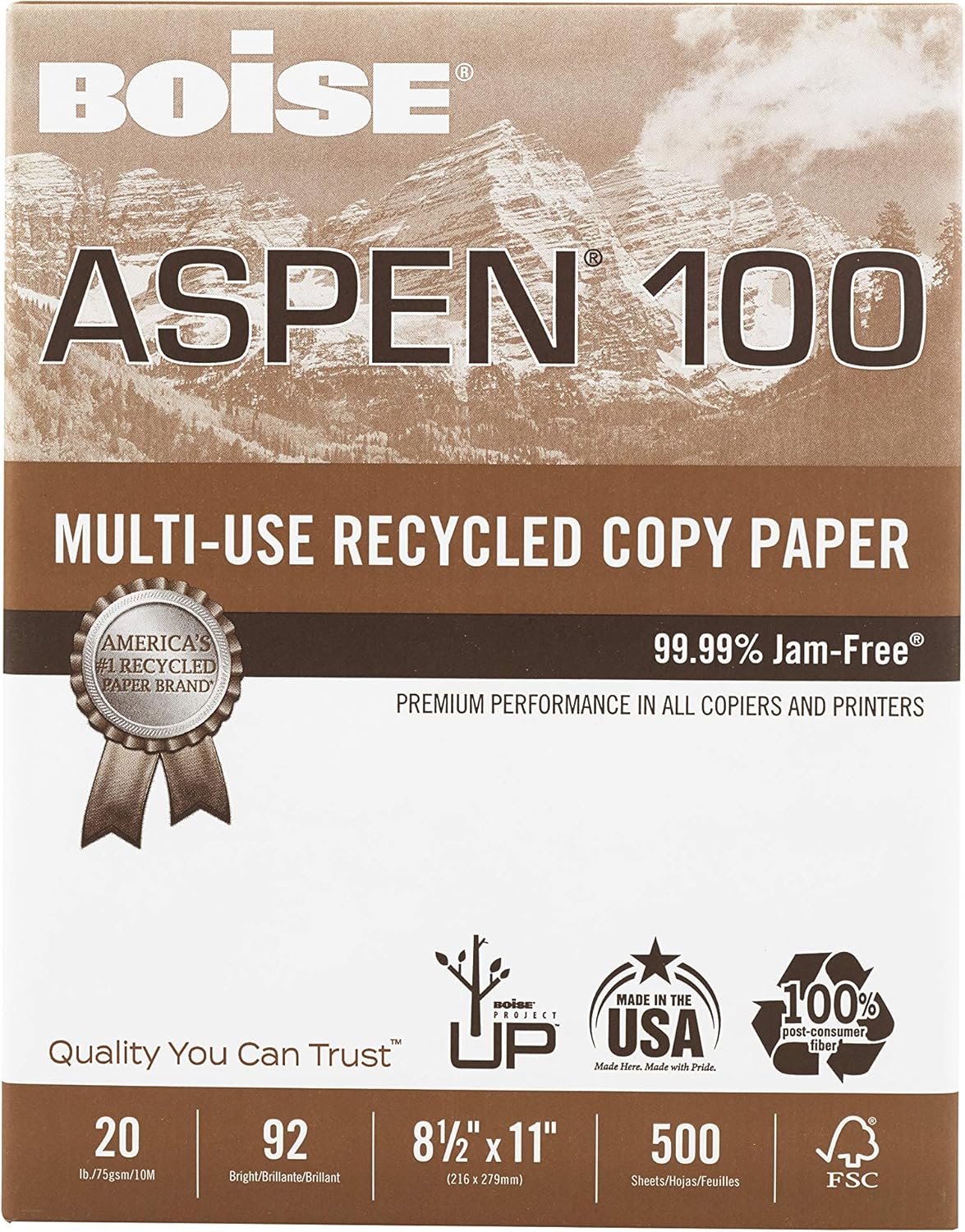 Boise Paper 100% Recycled Multi-Use Copy Paper, 8.5" x 11", 20 lb, 10 Ream Carton (5,000 Sheets)