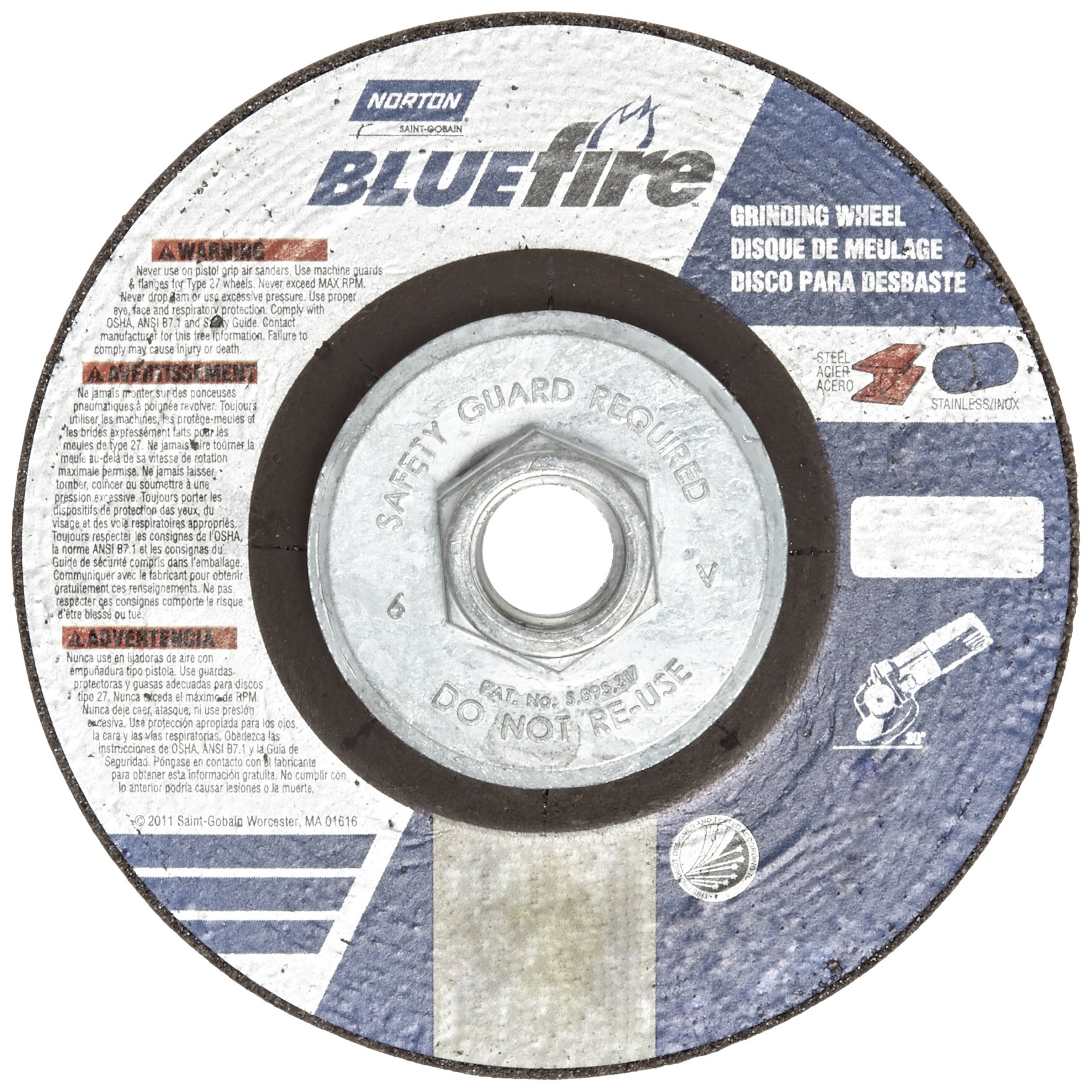 Norton Blue Fire Plus Depressed Center Abrasive Wheel, Type 27, Zirconia Alumina and Aluminum Oxide, 5/8"-11 Hub