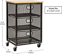 Mind Reader Cart with Drawers, Office Organizer, Storage, Bathroom, Metal Mesh, 15.75"L x 13"W x 24.25"H, Black 3-Drawers with Wood Top