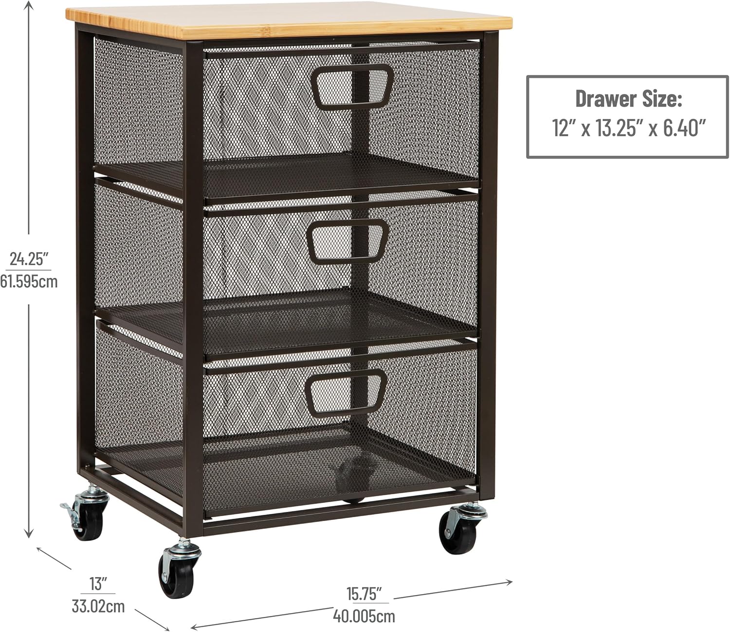 Mind Reader Cart with Drawers, Office Organizer, Storage, Bathroom, Metal Mesh, 15.75"L x 13"W x 24.25"H