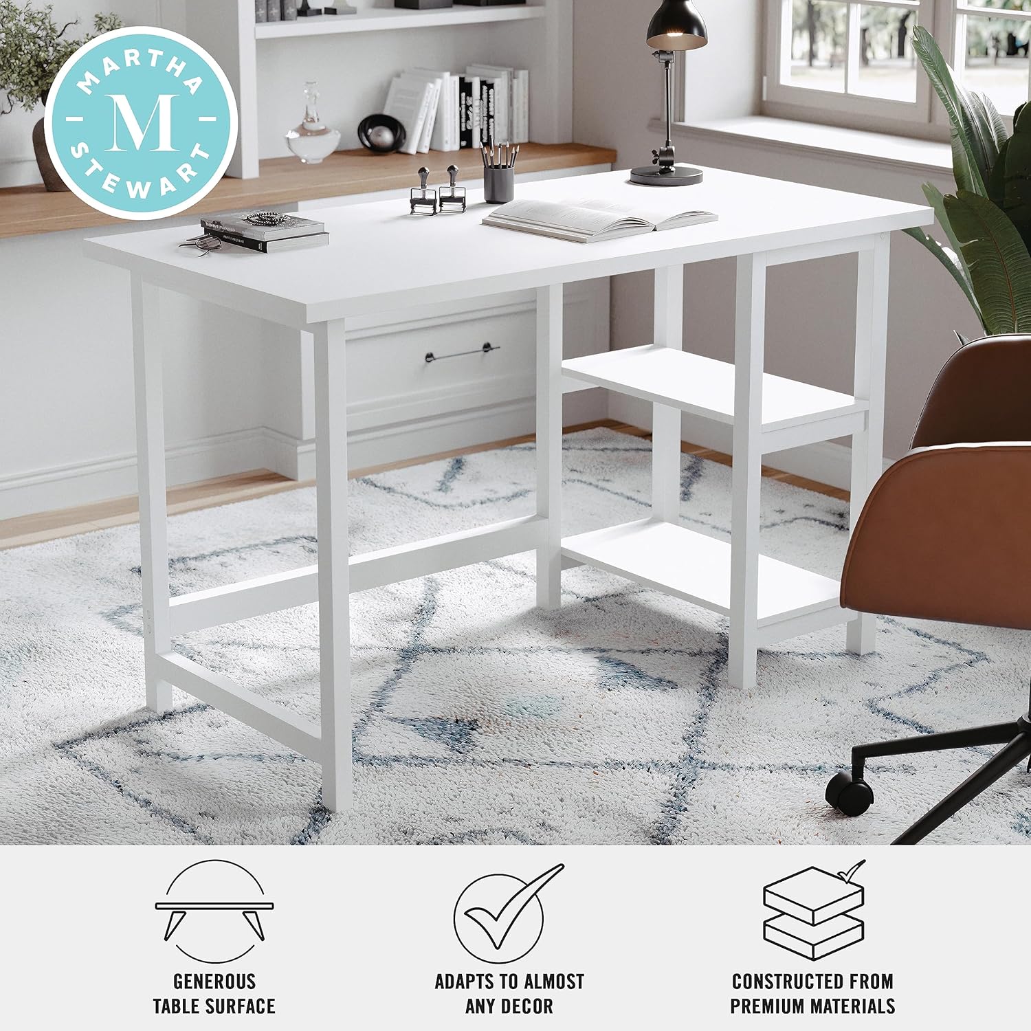 Martha Stewart Beckett Modern Trestle Desk with Open Side Shelving in White Wood Grain Finish