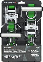 KEEPER Chrome Ratchet Tie-Downs with J-Hooks, Bright Green Webbing, 2-Pack
