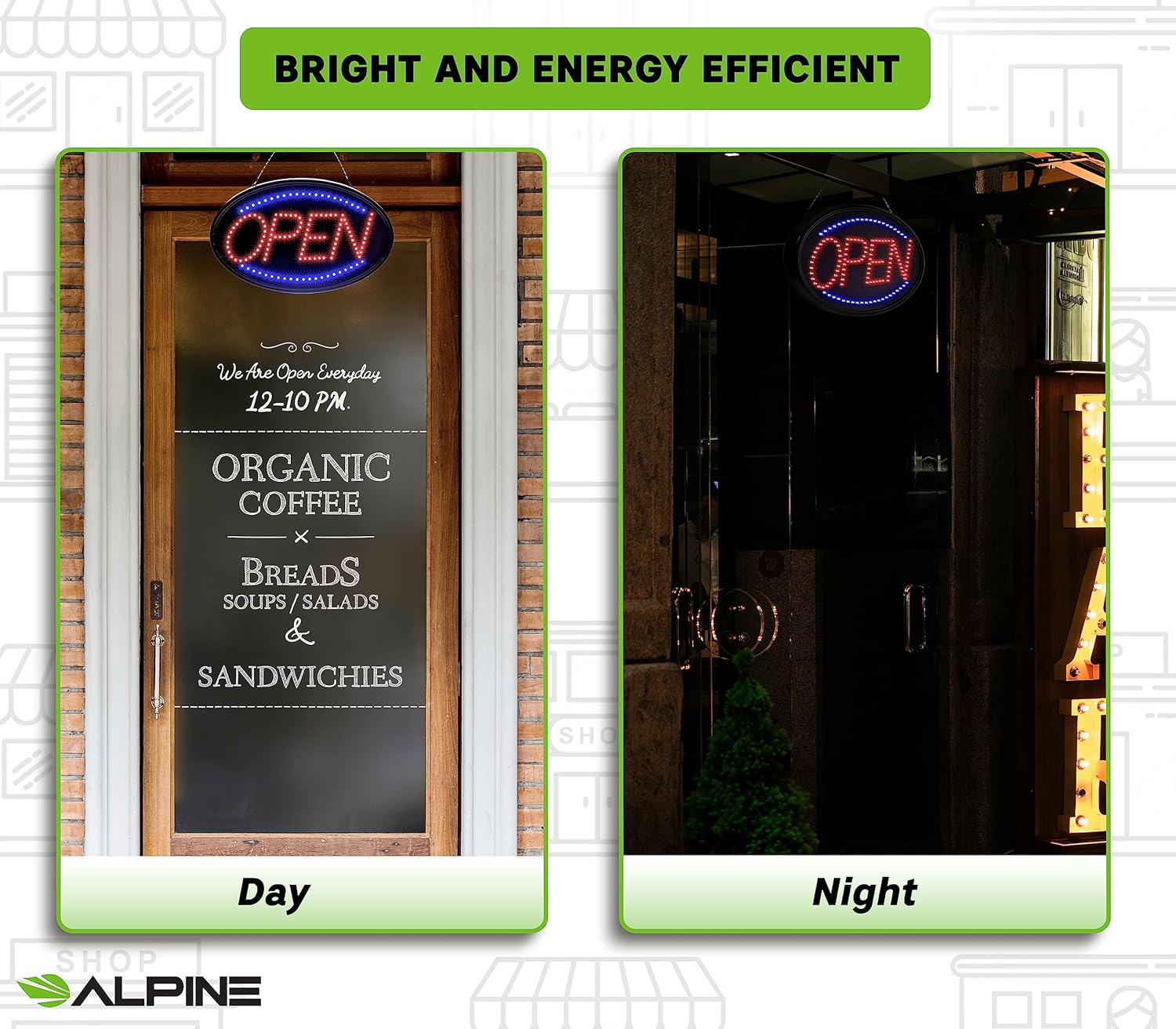 Alpine Led Open Signs for Business Window - Flashing & Stable Bright High Visibility Lighted Open Led Sign