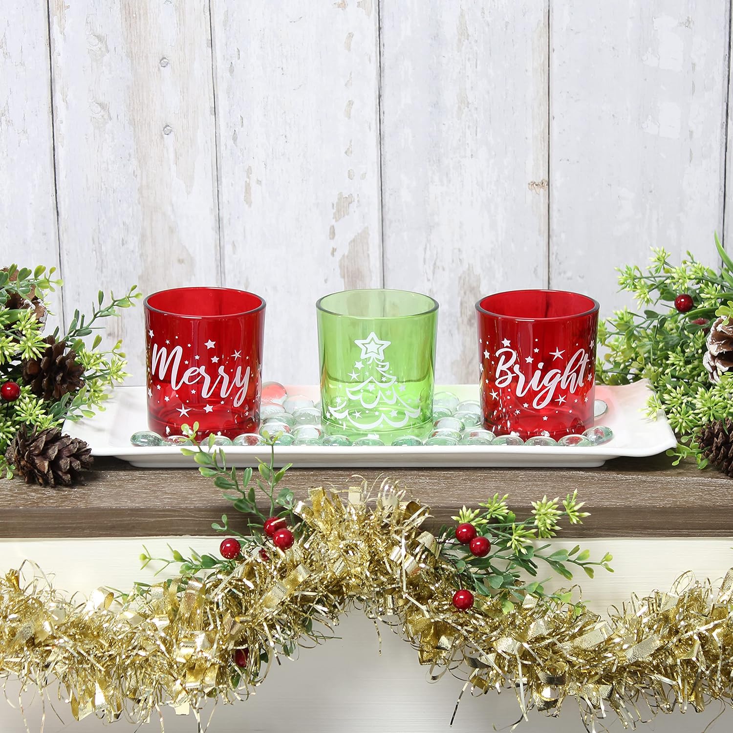 Elegant Designs HG5000-GAR Christmas Décor Winter Wonderland Decoration Glass Candle Set of 3 with Tray and Beads