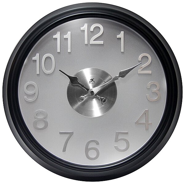 Infinity Instrument 15 Inch The Onyx Modern Contemporary Sleek Indoor Round Non-Ticking Silent Battery Operated Easy to Read Wall Clock for Living Room, Bedroom, Kitchen, Home Office, Black and Silver