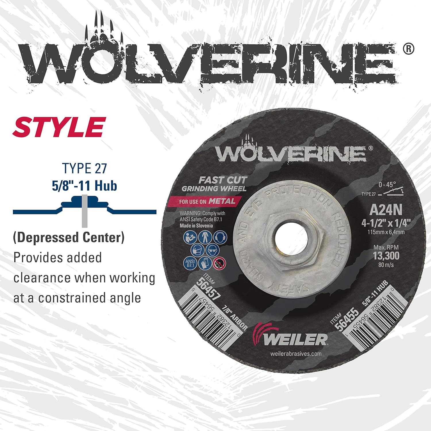 Weiler 56455 4-1/2" X 1/4" Wolverine Type 27 Grinding Wheel, A24N, 5/8"-11 Nut (pack of 1)