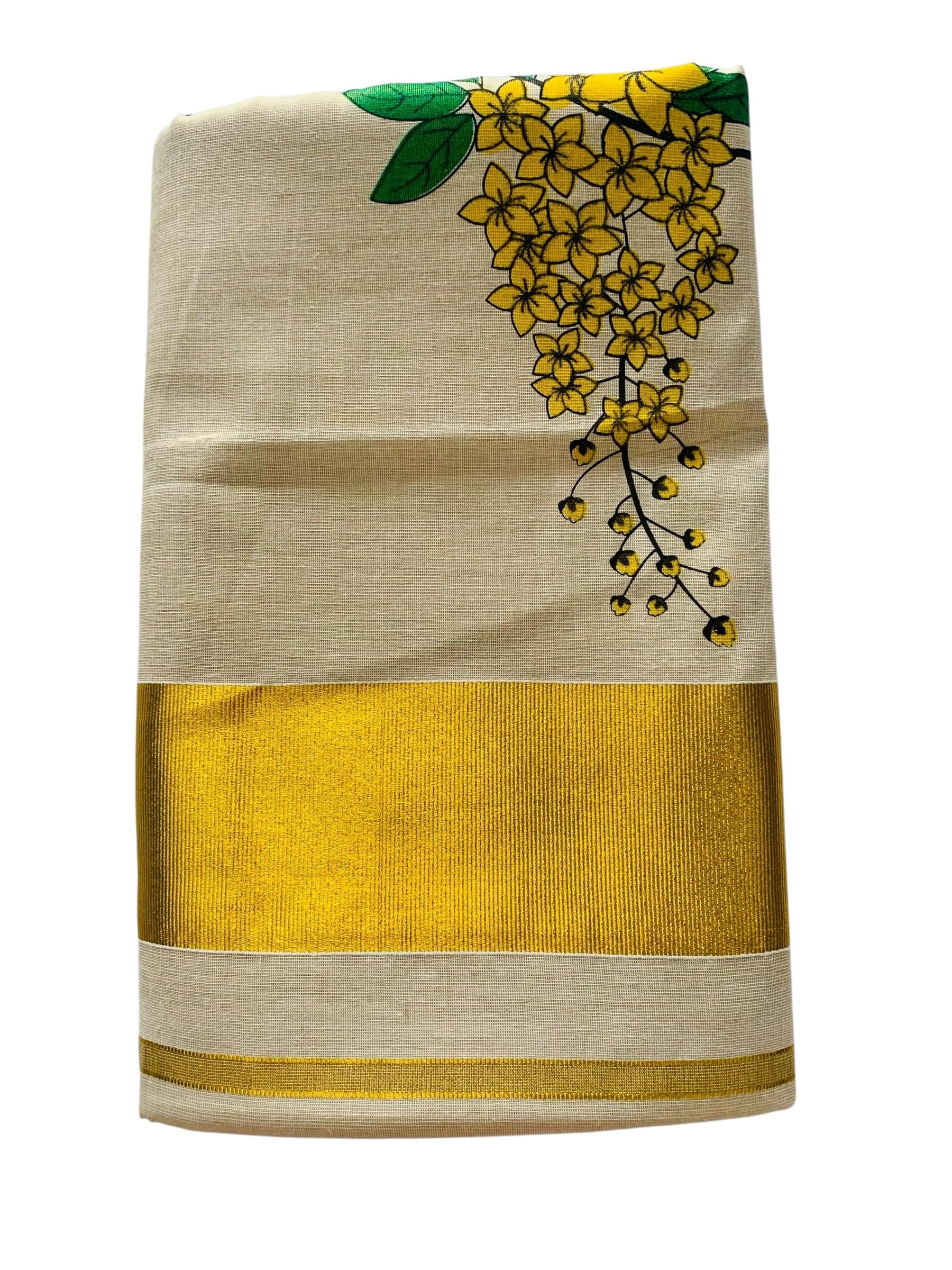 Women's Kuthampully Kerala Kasavu Saree with Running Blouse Golden Tissue Mural Painted Vishu Kanikonna EKM-461