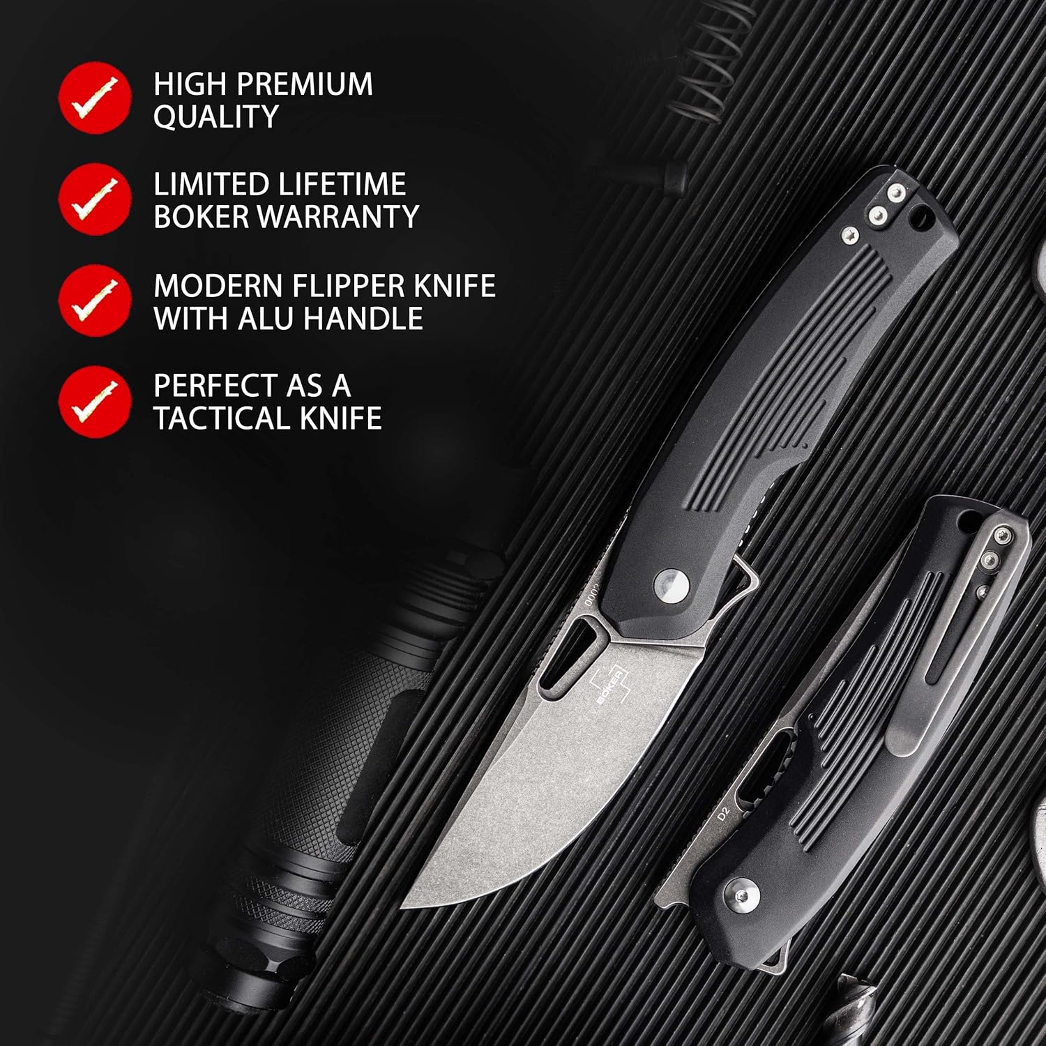 BÖKER PLUS® Nahal Flipper knife - military tactical knife with thumb hole - black D2 blade