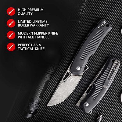 BÖKER PLUS® Nahal Flipper knife - military tactical knife with thumb hole - black D2 blade - tactical folding knife with clip - with case & gift box