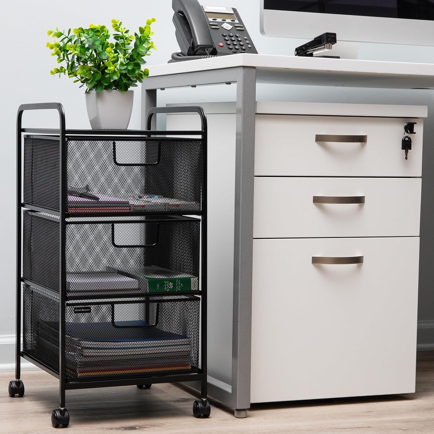 MIND READER Metal Mesh Rolling Storage Cart with Removable Drawers