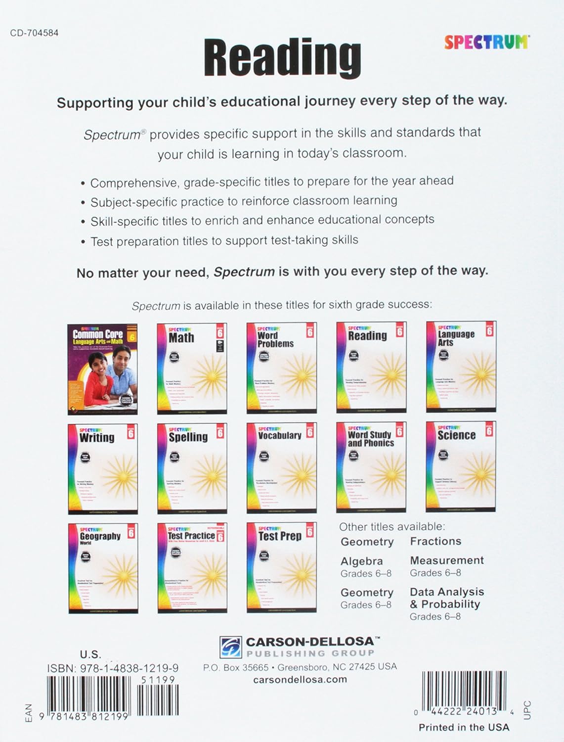 Carson-Dellosa Spectrum Reading Workbook, Grade 6
