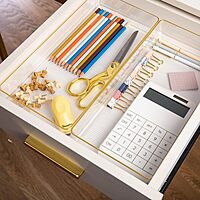 Martha Stewart Kerry Plastic Stackable Office Desk Drawer Organizers with Gold Trim