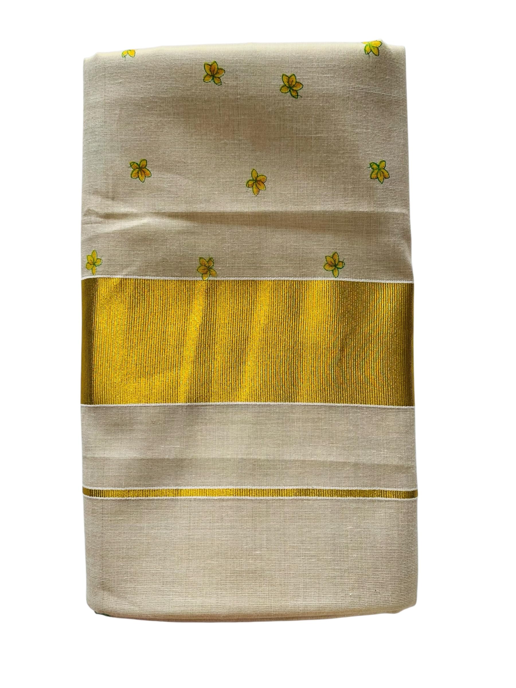 Women's Kuthampully Kerala Kasavu Saree with Running Blouse Tissue Mural hand Printed Vishu Kanikonna EKM-868