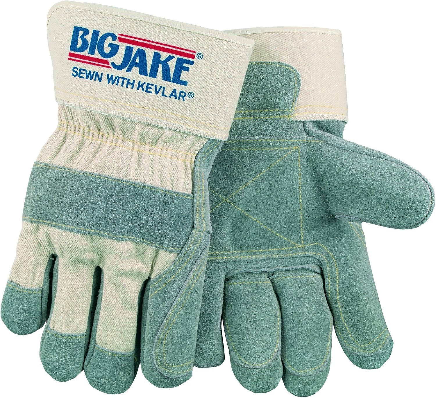 MCR Safety 1715 Big Jake Double Cow Leather Gunn Pattern Gloves with 2-3/4-Inch Safety Cuffs, Natural Pearl/Yellow, XL