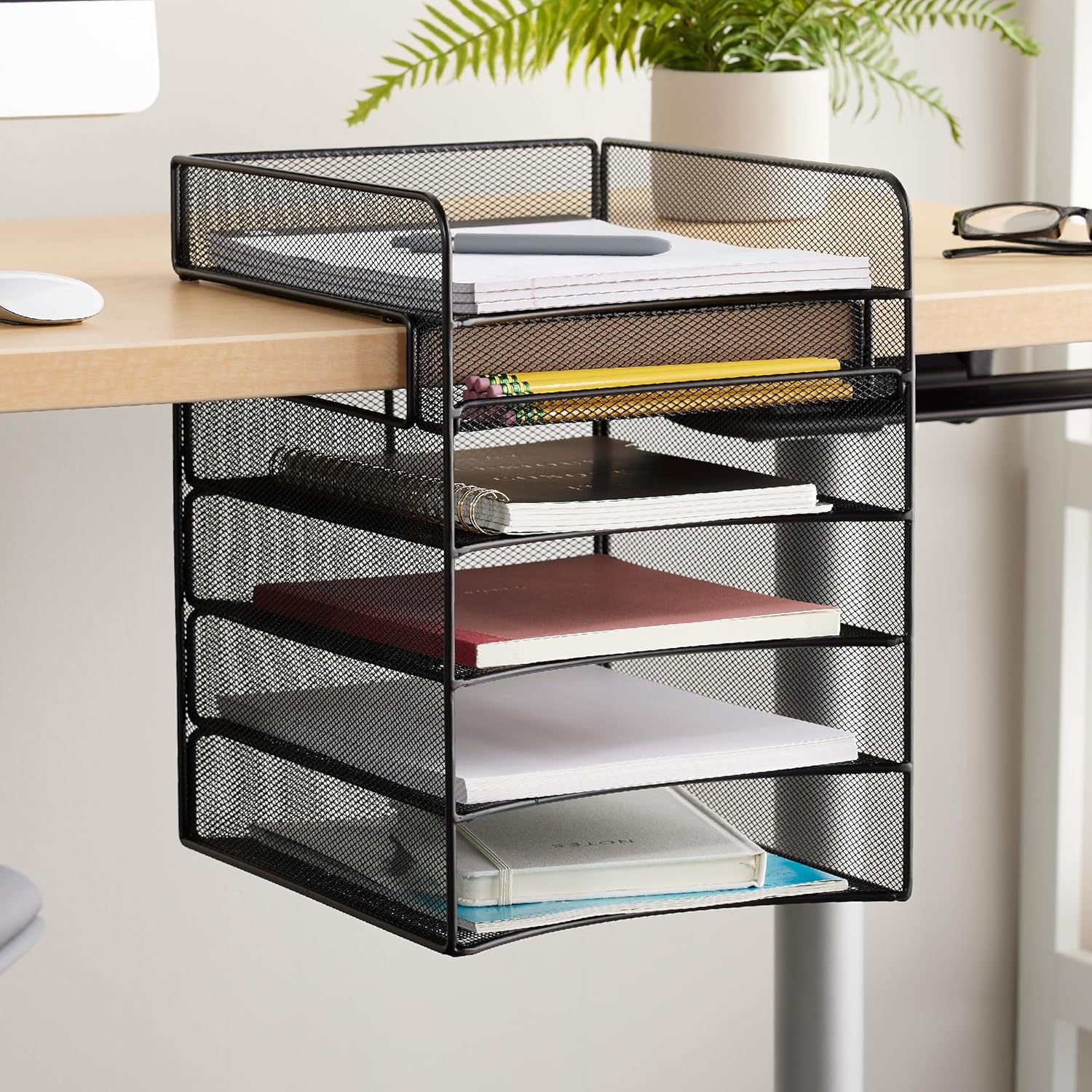 Safco Onyx Hanging Under Desk Organizer, 5 Trays, Office and Classroom Mailbox , Paper and Mail Sorter, Steel Mesh, Black