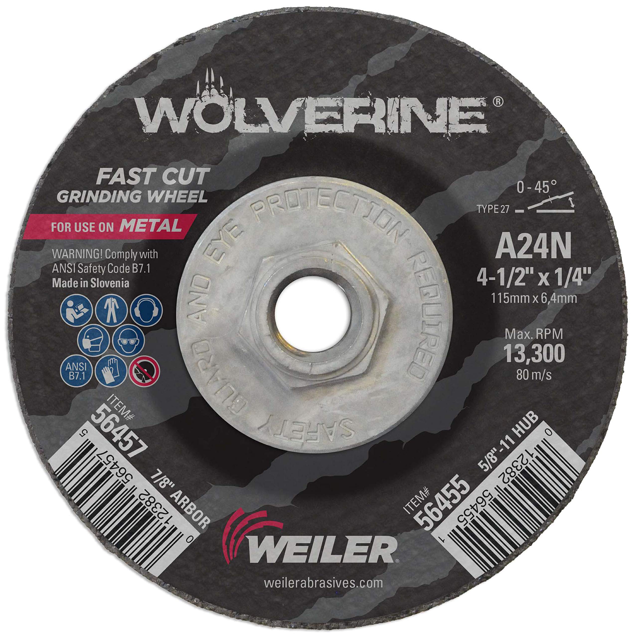 Weiler 56455 4-1/2" X 1/4" Wolverine Type 27 Grinding Wheel, A24N, 5/8"-11 Nut (pack of 1)