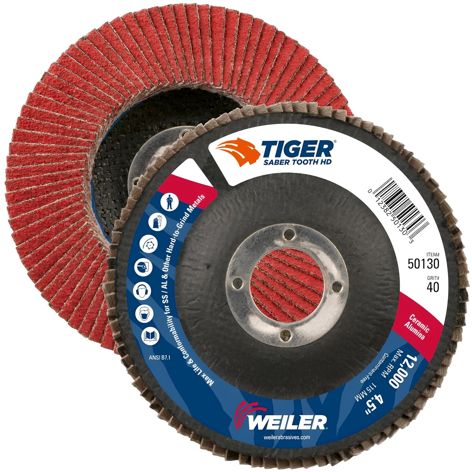 Weiler 50130 Saber Tooth 7/8" Arbor, 4-1/2" Diameter, 40 Grit, Ceramic, Phenolic Backing