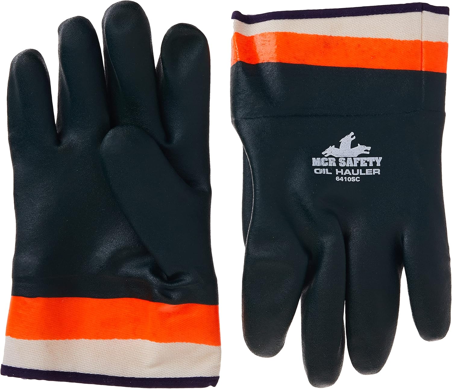 MCR Safety 6410SC Double-Dipped PVC Jersey Lined Sandpaper Finish Men's Gloves with Plasticized Safety Cuff, Green/Orange