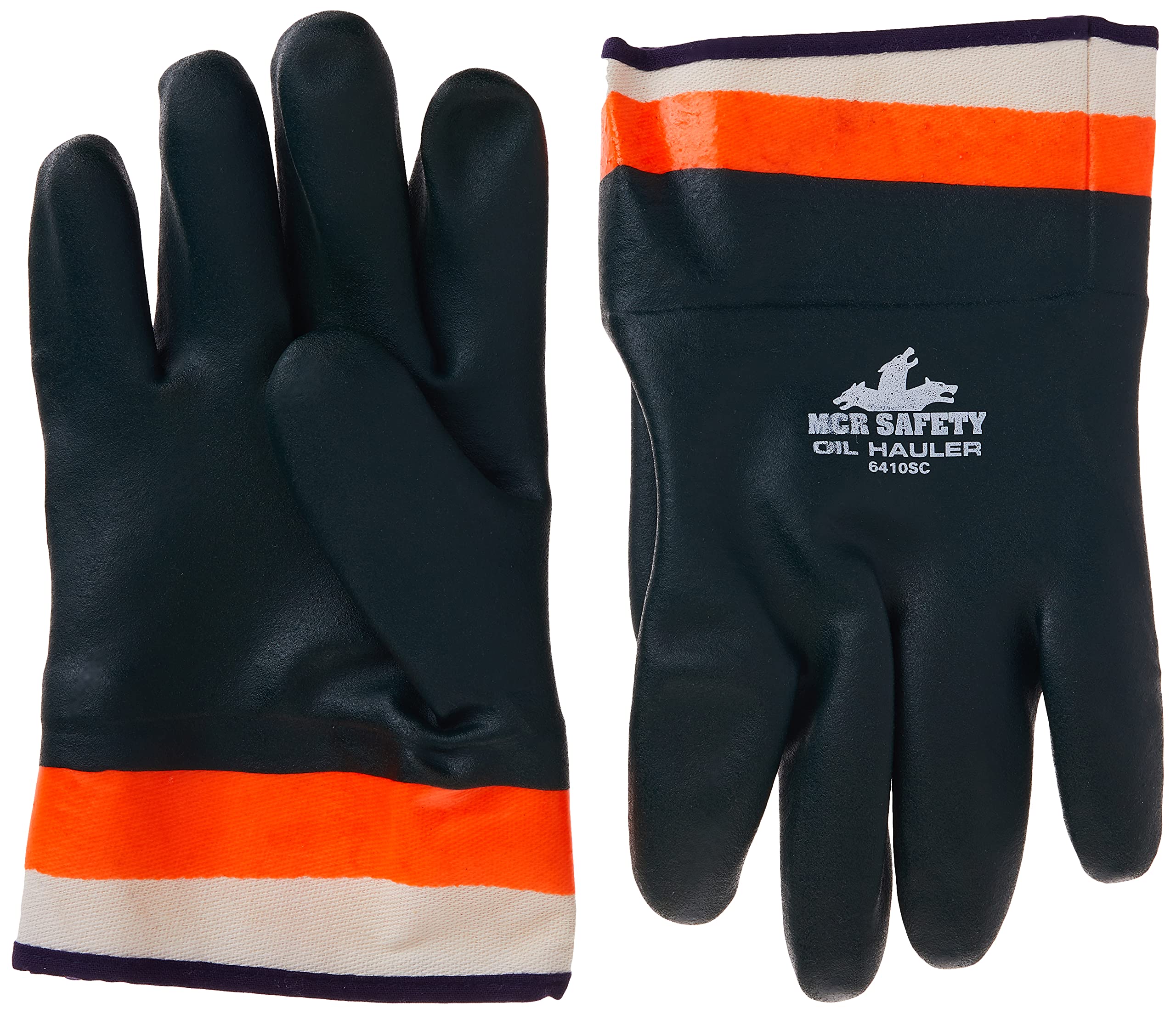 MCR Safety 6410SC Double-Dipped PVC Jersey Lined Sandpaper Finish Men's Gloves with Plasticized Safety Cuff, Green/Orange