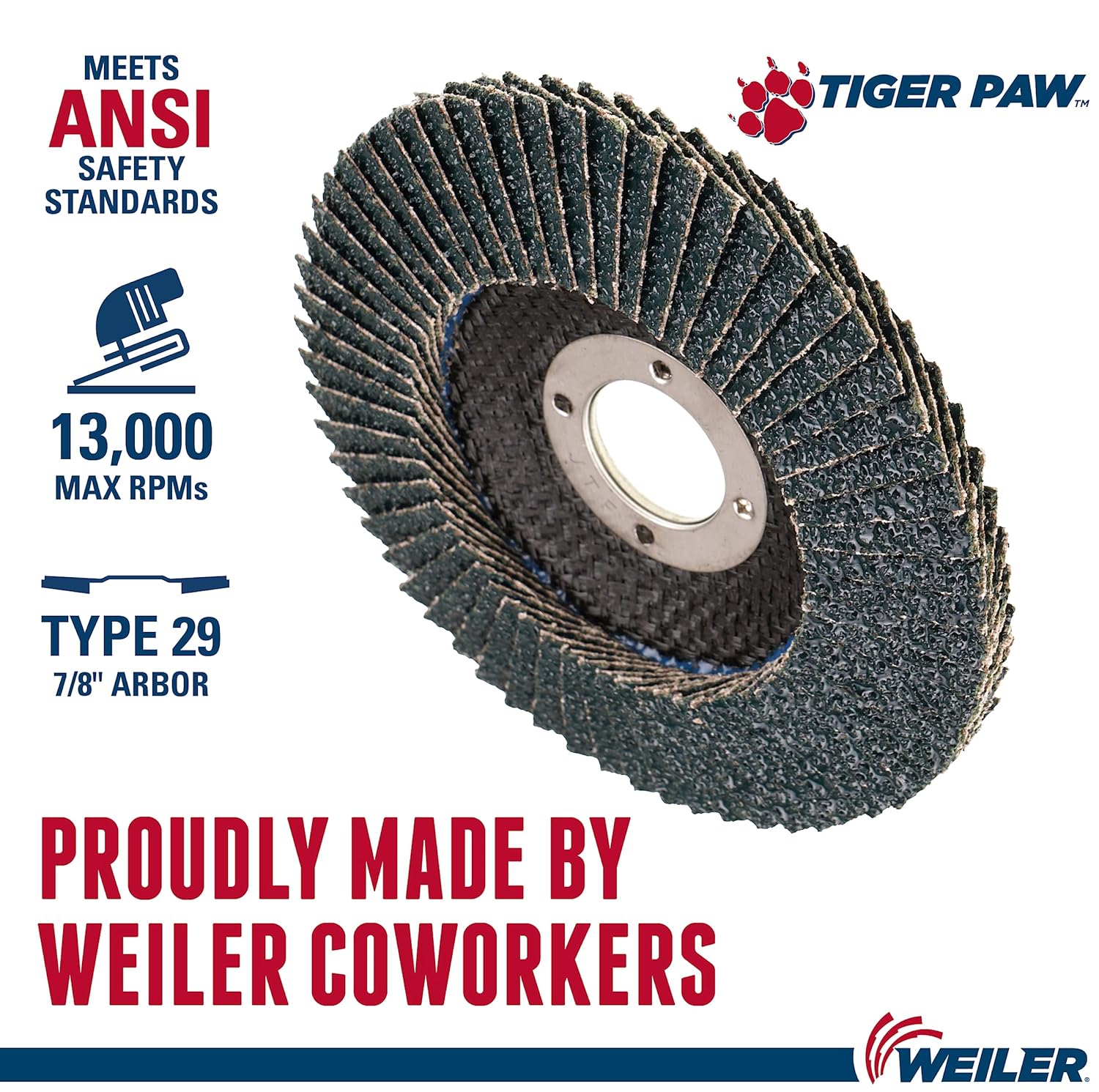 Weiler 51119 4-1/2" Tiger Paw Abrasive Flap Disc, Angled (Ty29), Phenolic Backing, 40Z
