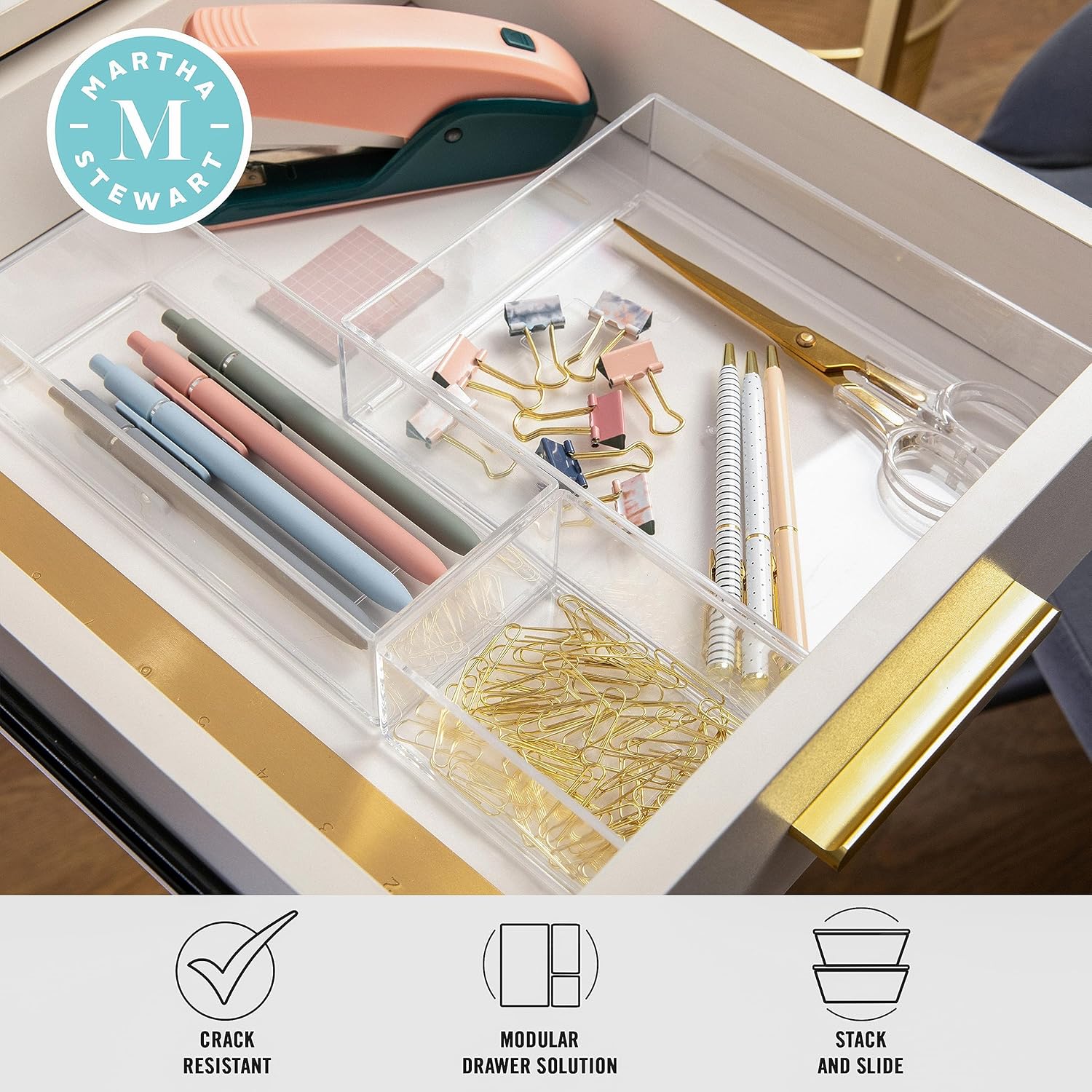 Martha Stewart Brody Stack & Slide Plastic Tray Desktop Organizer, Clear