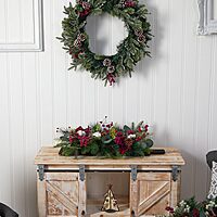 Nearly Natural 24in. Holiday Berries, Pinecones and Eucalyptus Christmas Artificial Arrangement Cutting Board Wall Décor or Table Arrangement