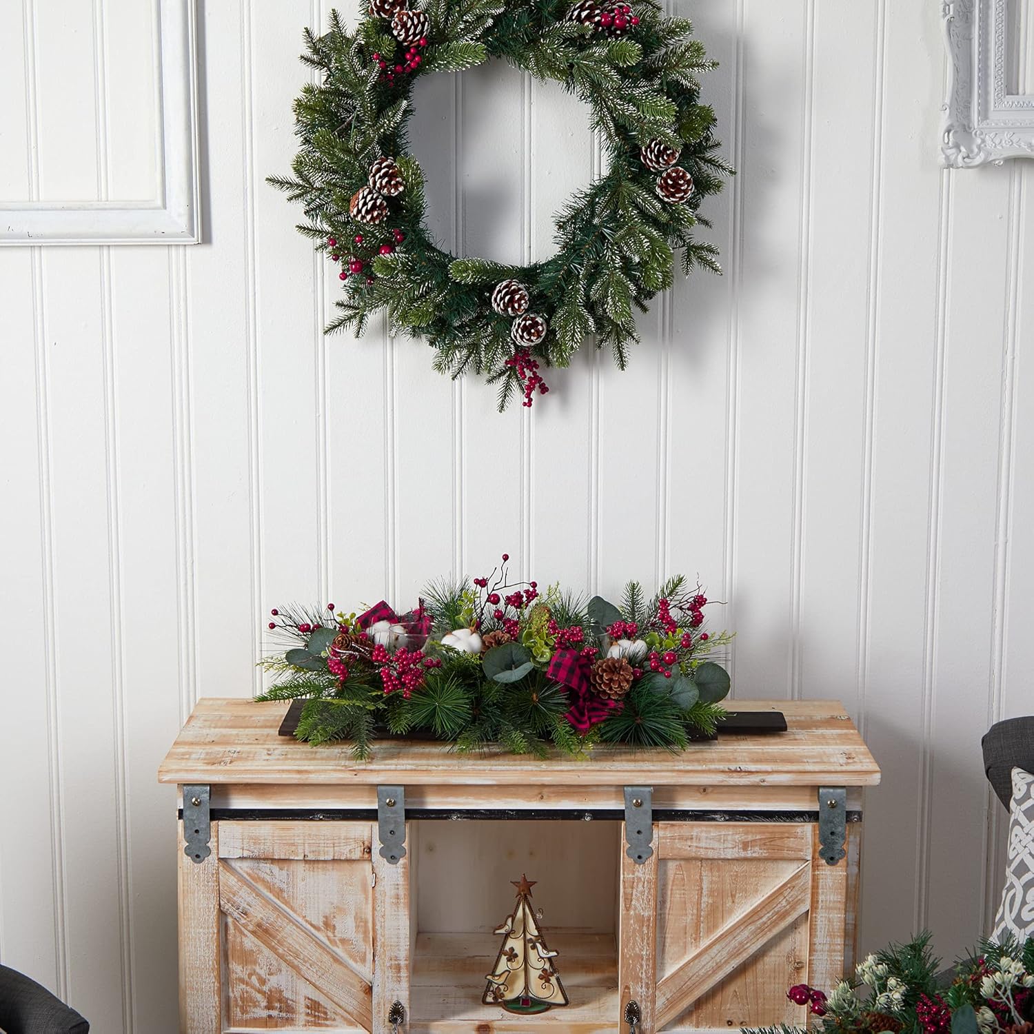Nearly Natural 24in. Holiday Berries, Pinecones and Eucalyptus Christmas Artificial Arrangement Cutting Board Wall Décor