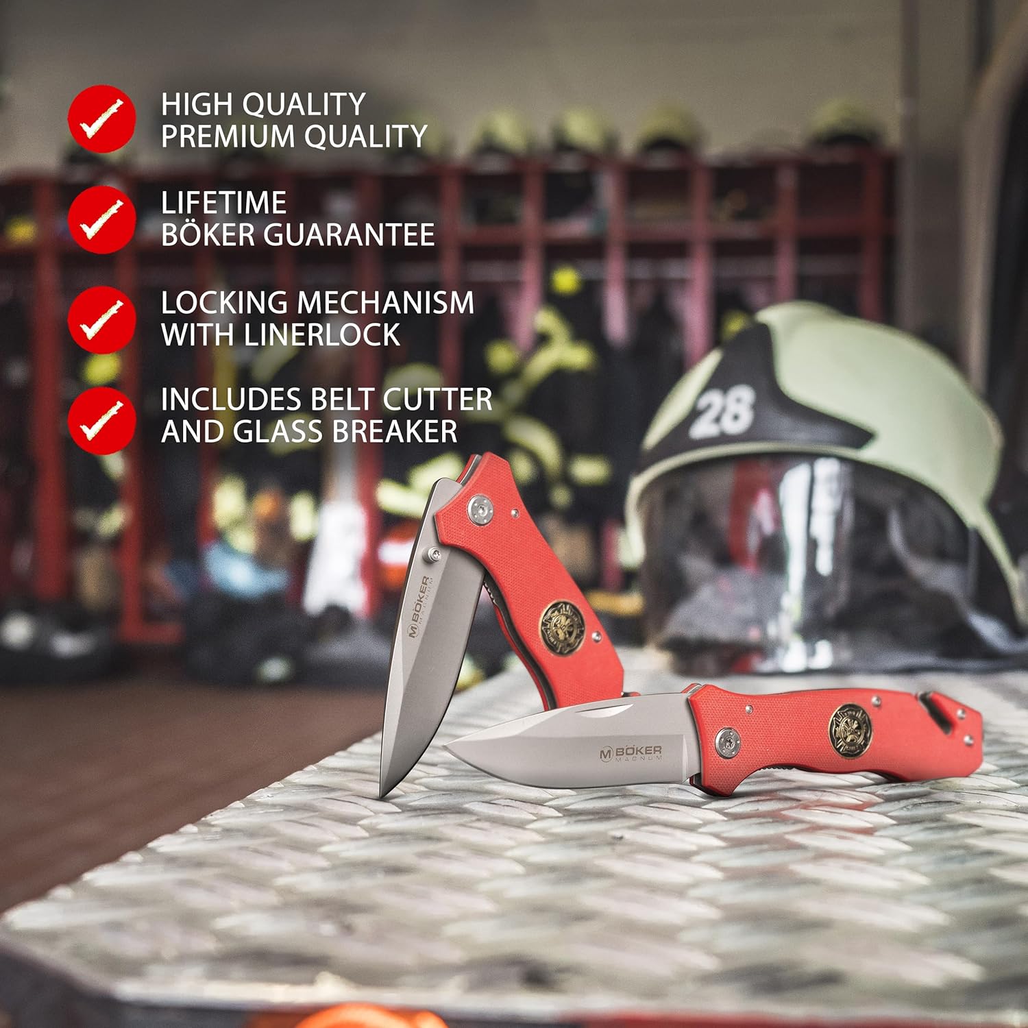 Boker Magnum 01MB366 Fire Department Knife with 3 3/8 in. Blade, Red