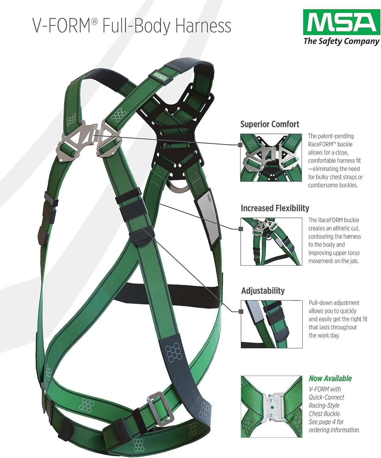 MSA 10197200 V-Form Full Body Safety Harness - Size: Standard (Medium), D-Ring Configuration: Back/Hip, Qwik Fit Leg Straps
