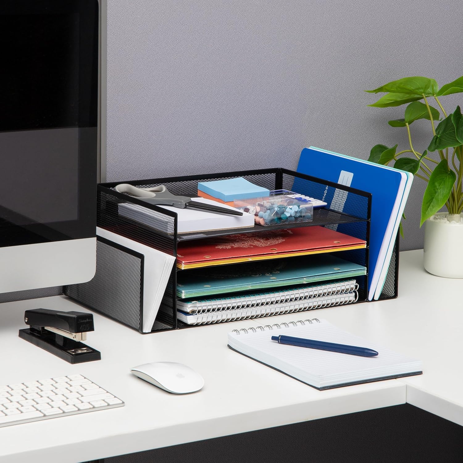 Mind Reader 4-Tier 6-Compartment Metal Mesh Desktop Organizer, 16.75"L x 9.15"W x 6"H, Black