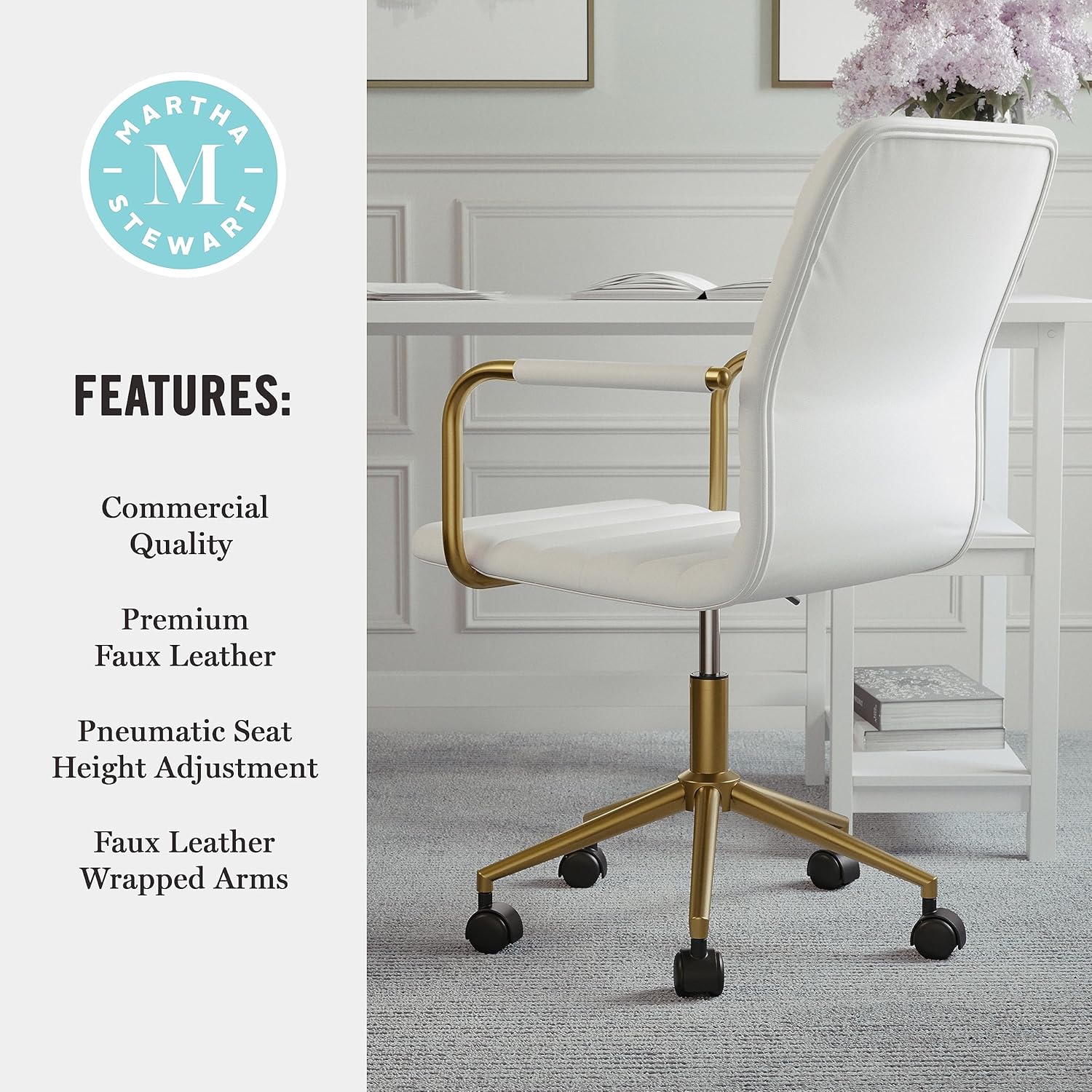 Martha Stewart Taytum Swivel Task Chair with Armrests for Home Office