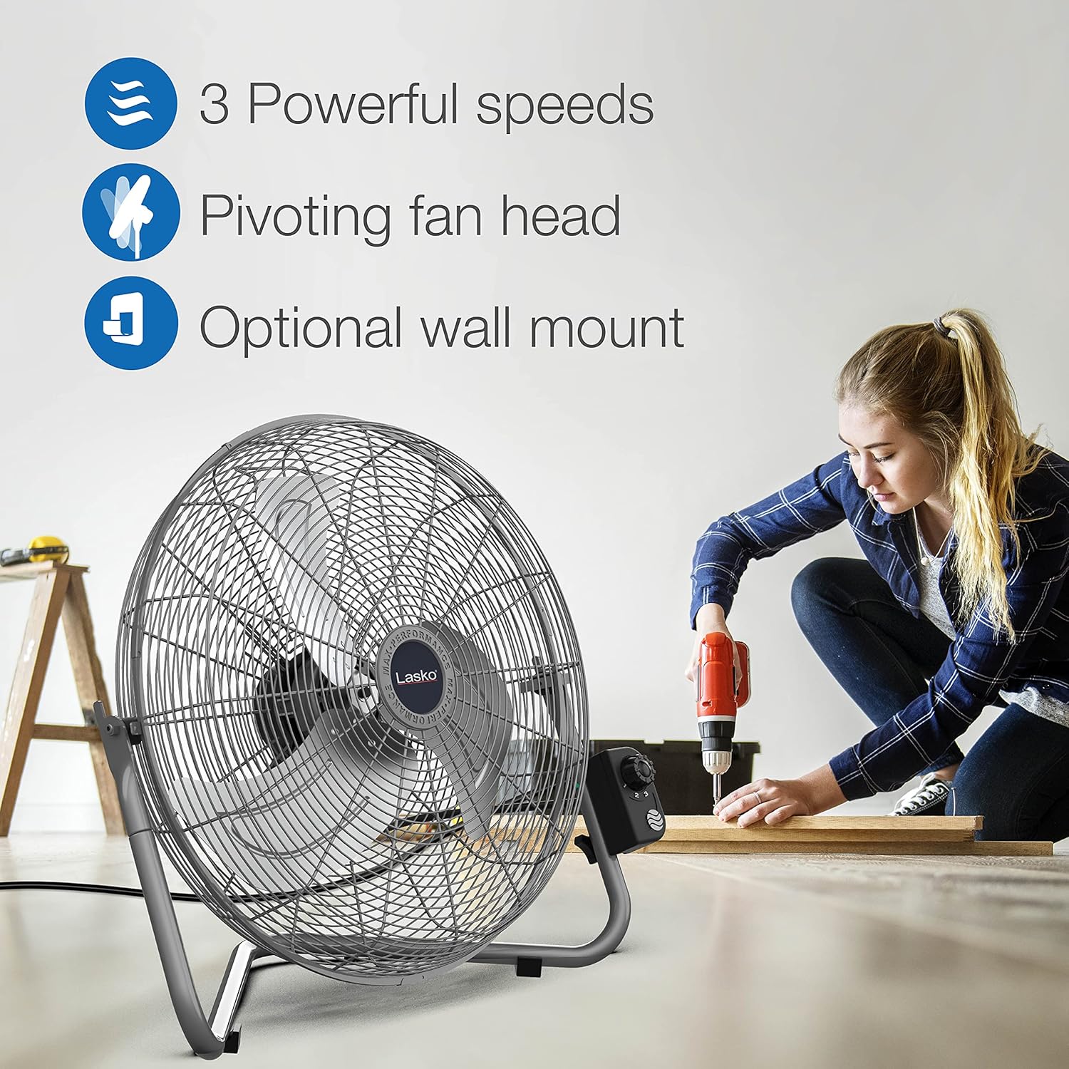 Lasko 20" Silver High Velocity Wall Mount Fan with Pivoting Head - 3 Speeds, Ideal Wall Mount Fan or Floor Fan for Home