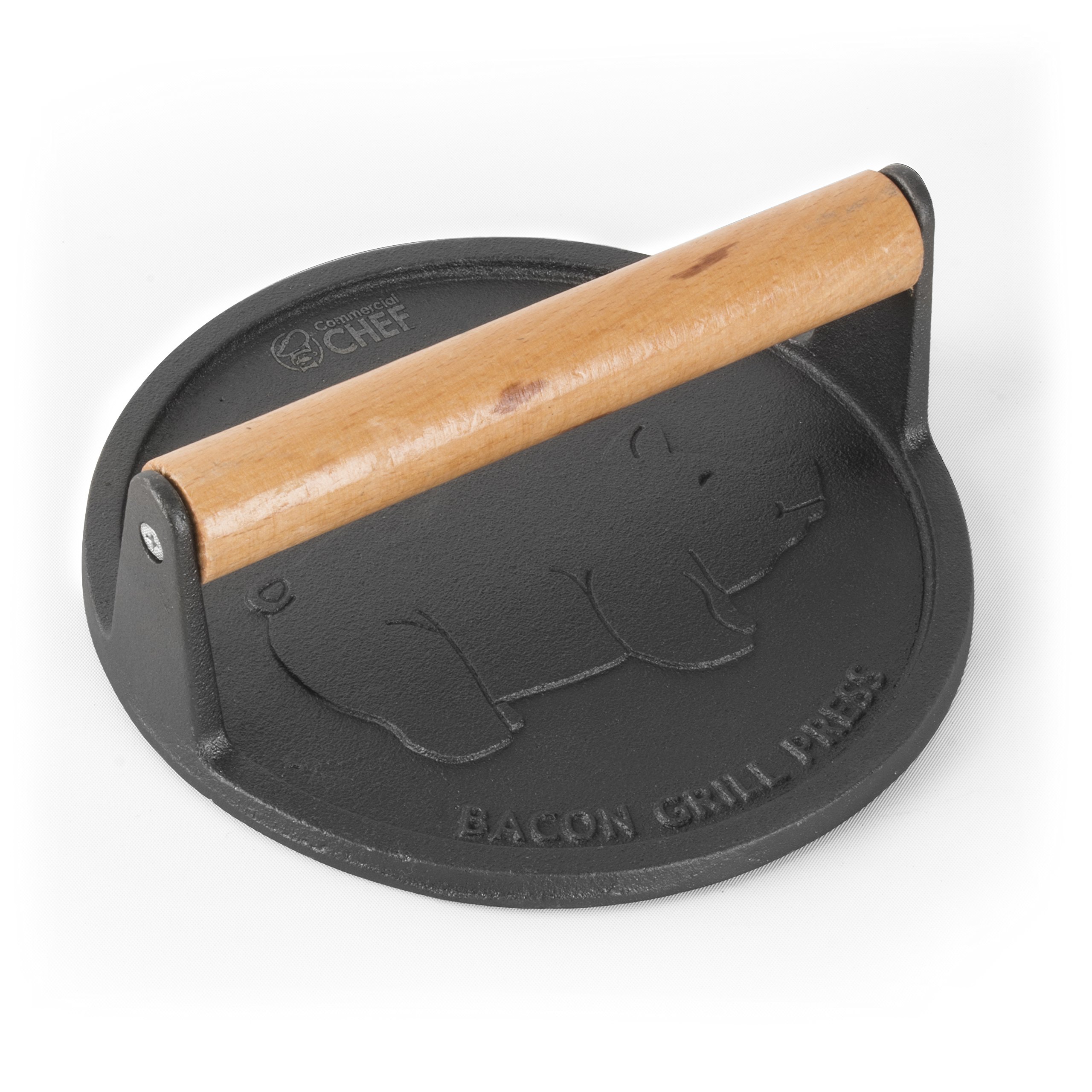 Commercial CHEF Pre-Seasoned Cast Iron Press with Easy Grip Wooden Handle, 7-Inch Surface with Grill Marks