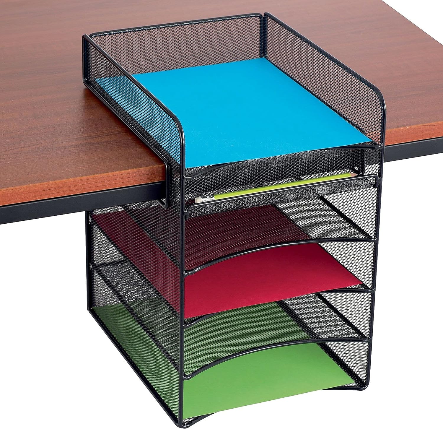 Safco Onyx Hanging Under Desk Organizer, 5 Trays, Office and Classroom Mailbox , Paper and Mail Sorter, Steel Mesh, Black
