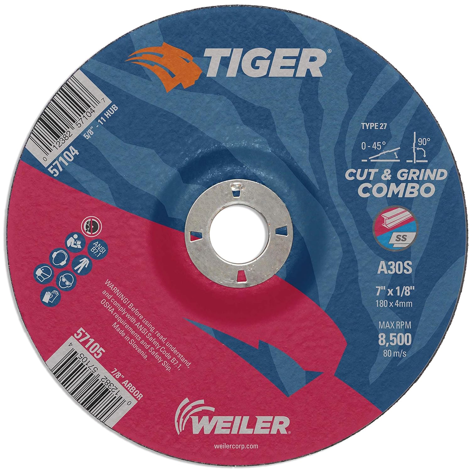 WEILER 7" x 1/8" Tiger Type 27 Cut and Grind Combo Wheel A30S