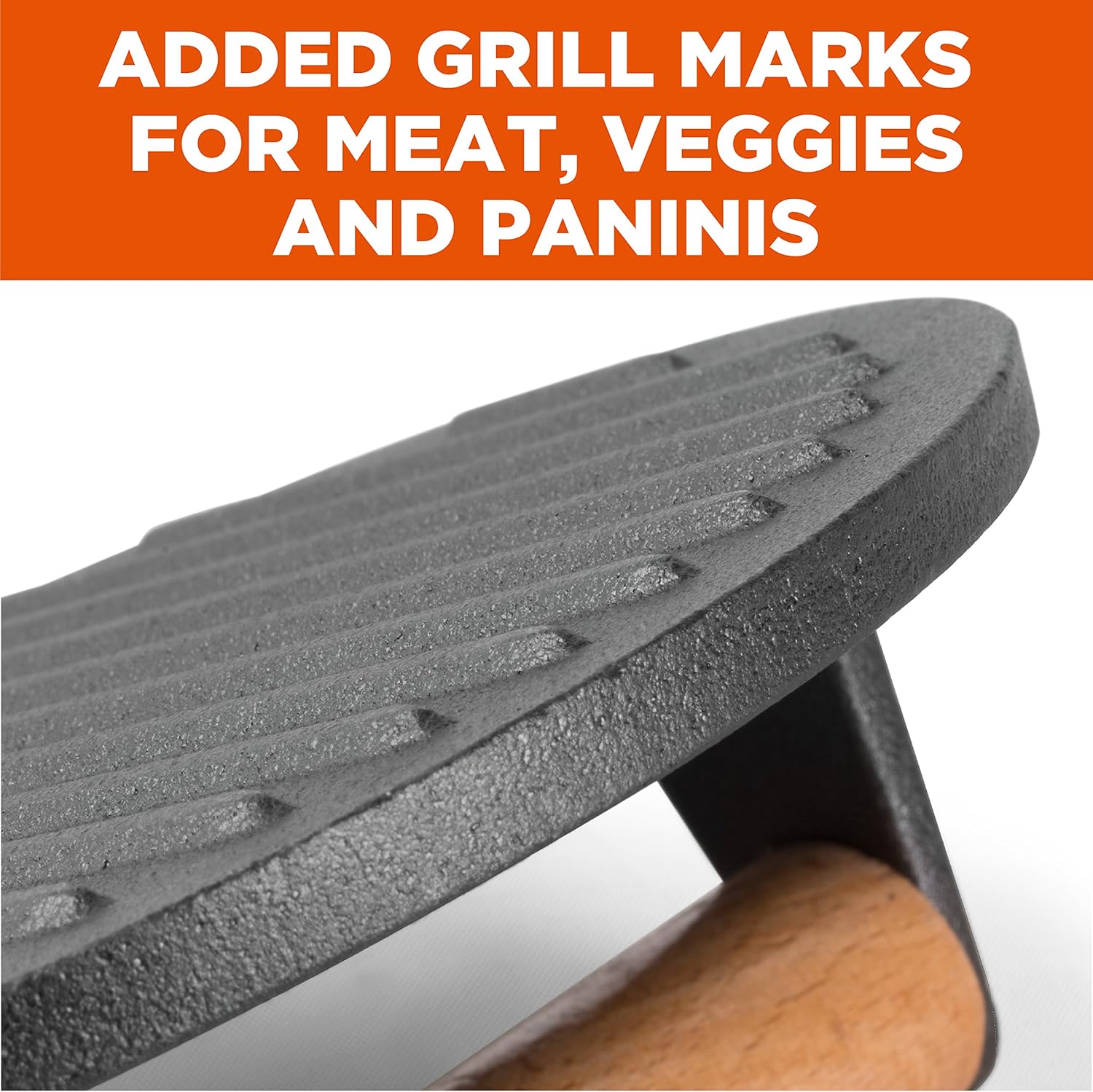 Commercial CHEF Pre-Seasoned Cast Iron Press with Easy Grip Wooden Handle, 7-Inch Surface with Grill Marks