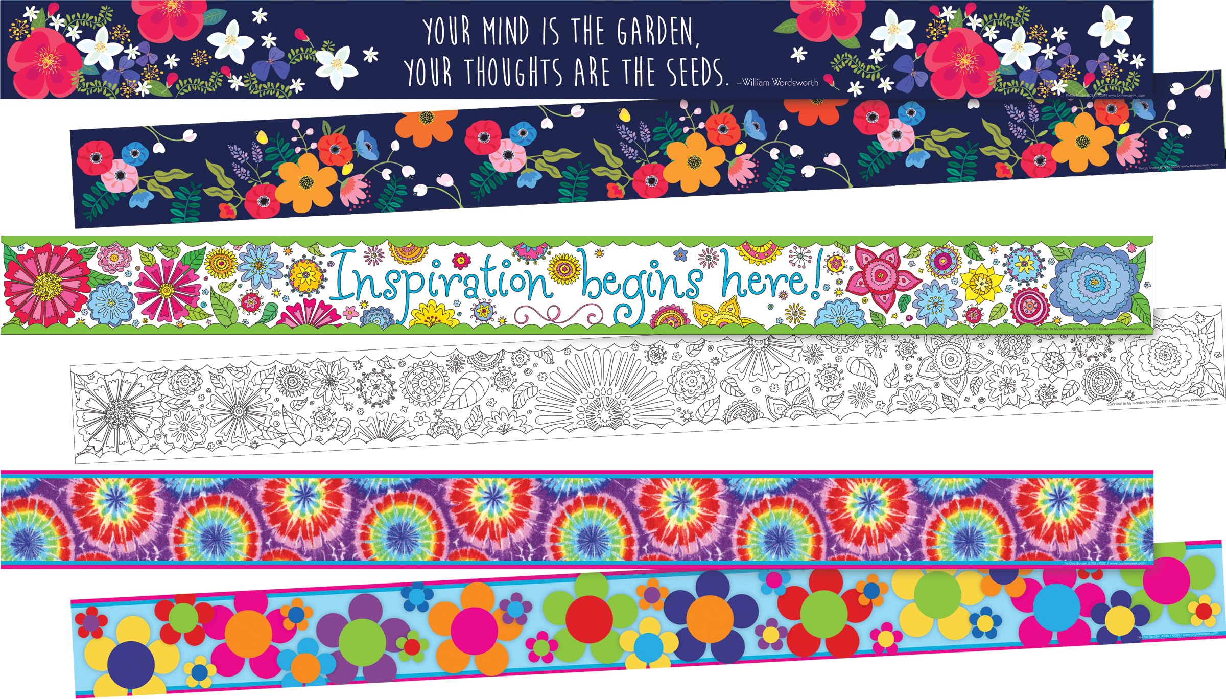 Barker Creek Double-Sided Border, Floral, School and Office Supplies, Bulletin Board Border Trim, Set of 3 Designs