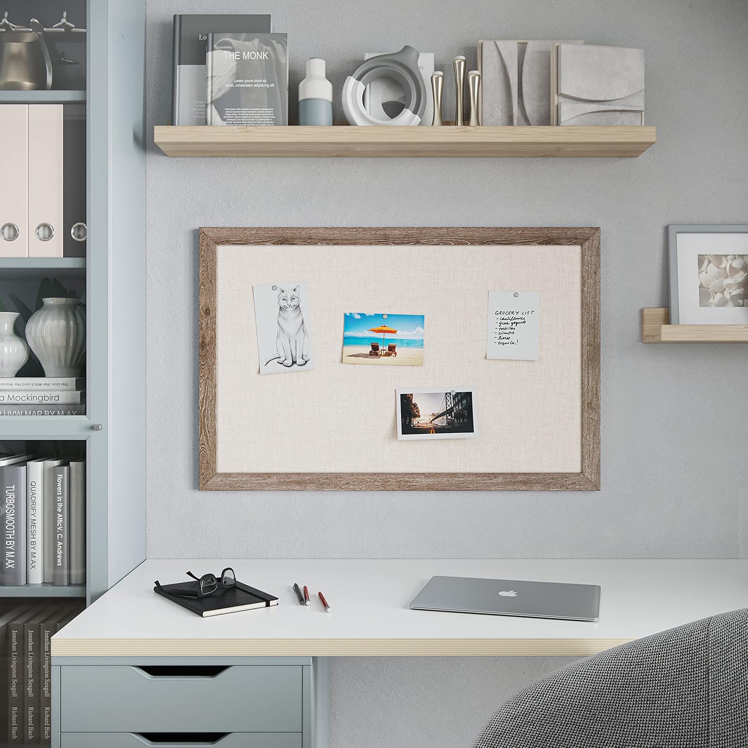 U Brands Linen Bulletin Board, 35"x23", Rustic Wood Style Frame, Industrial Grade Pinning Surface 36" x 24"